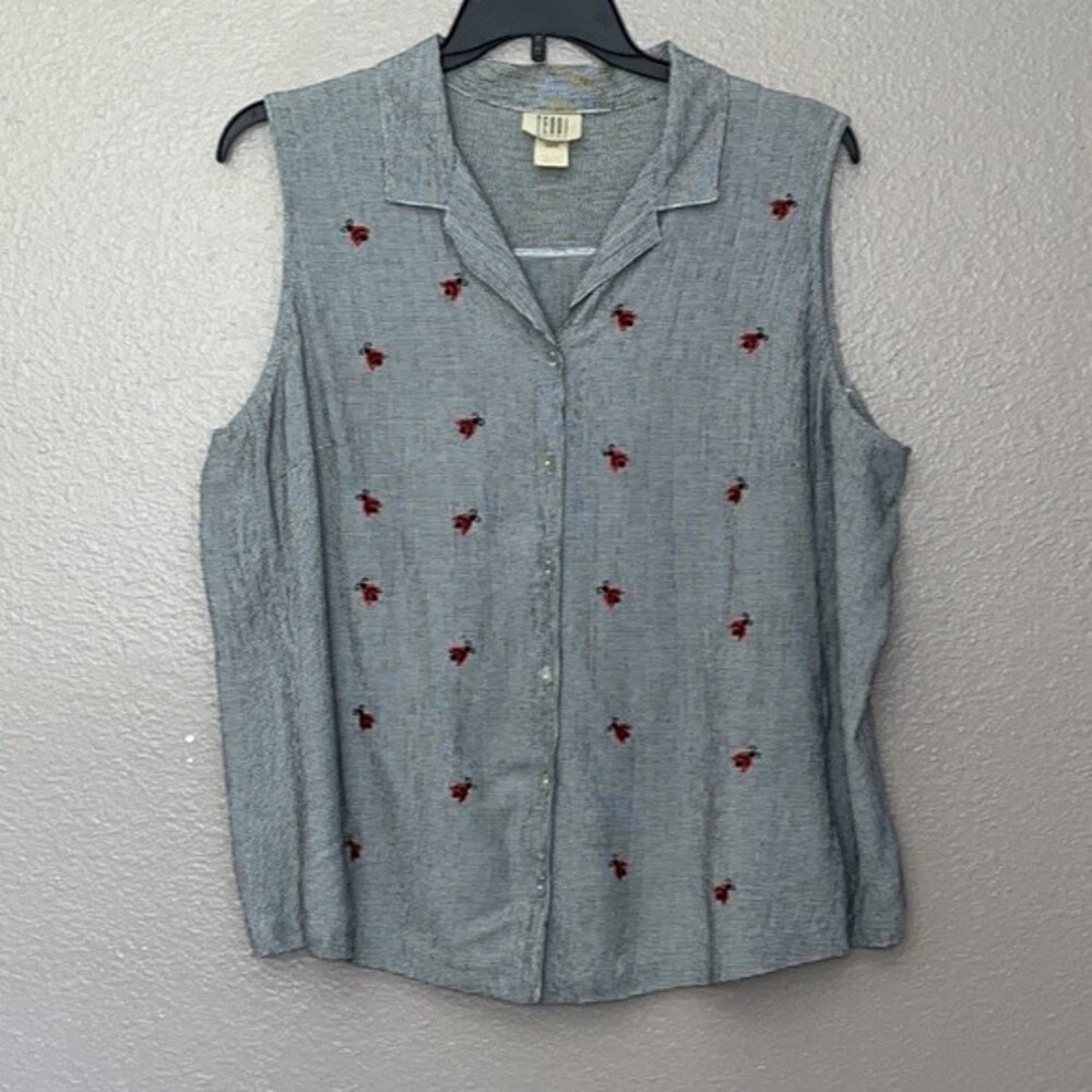 Teddi Womans Vintage Houndstooth sleeveless 2X embroidered ladybugs top